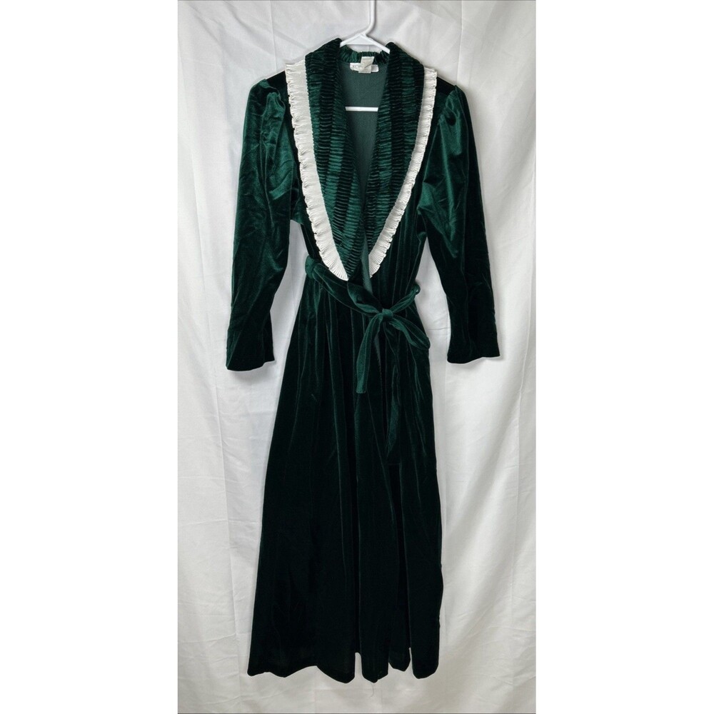 Vintage Komar Velvet Green Robe Medium 12/14 White Ruffle Full Length Grandma